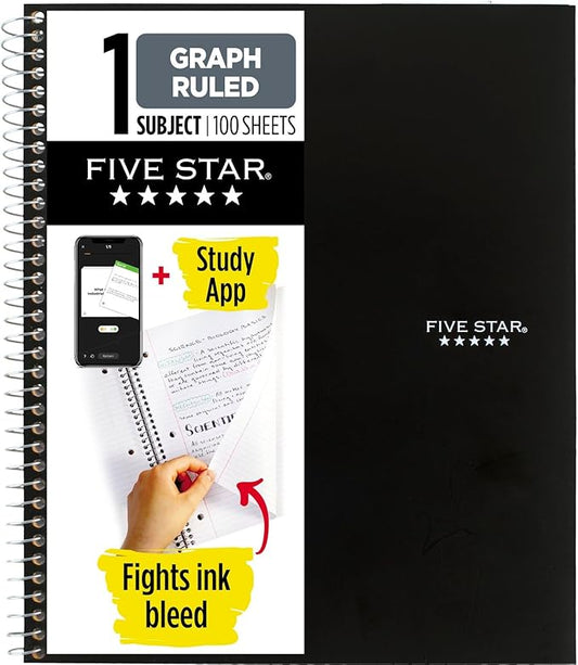 Five Star Spiral Notebook + Study App, 1 Subject, Graph Ruled Paper, Fights Ink Bleed, Water Resistant Cover, 8-1/2" x 11", 100 Sheets, Color Will Vary, 1 Count (06190)