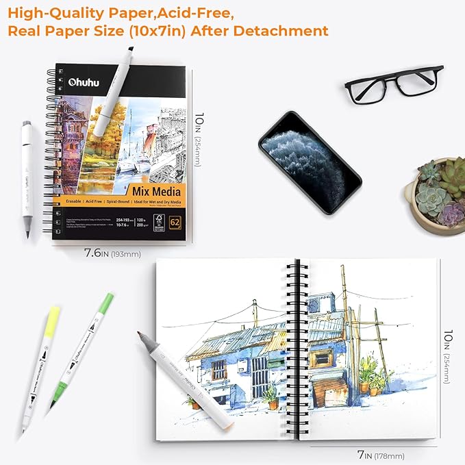 Ohuhu Mix Media Pad, 7" x 10" Mixed Media Art Sketchbook, 120 lb/200 GSM Heavyweight Papers, 62 Sheets/124 Pages, Spiral Bound Mixed Media Paper Pad for Acrylic, Painting Christmas Gift