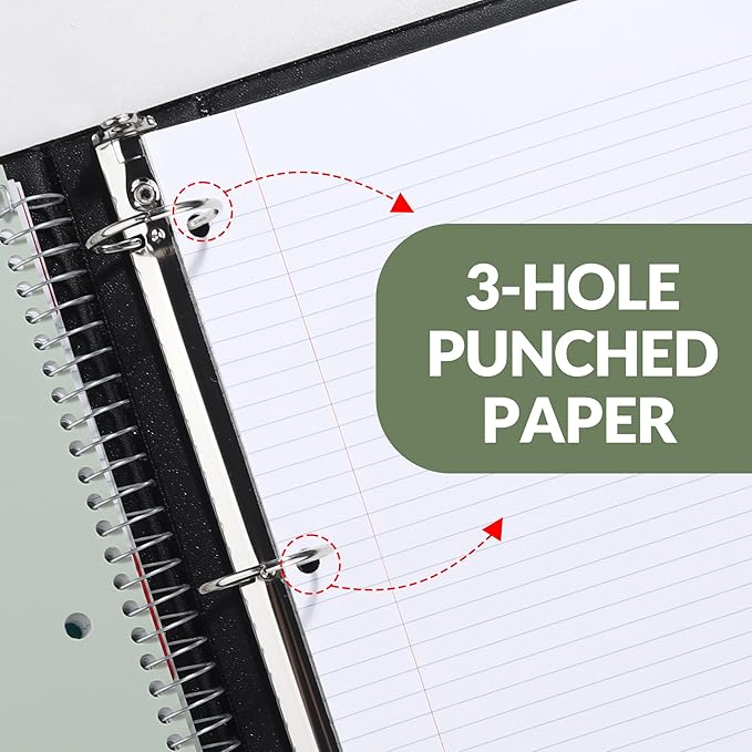 SUNEE 5 Subject Notebook College Ruled - 200 sheets (400 Pages), 9"x11", 5 Pocket Colored Dividers, 3-Hole Punched Paper, Sage Green