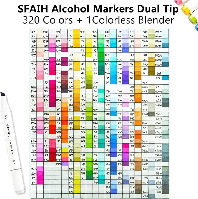 SFAIH Alcohol Markers Brush & Chisel Tip, Complete 321 Color Artist Set