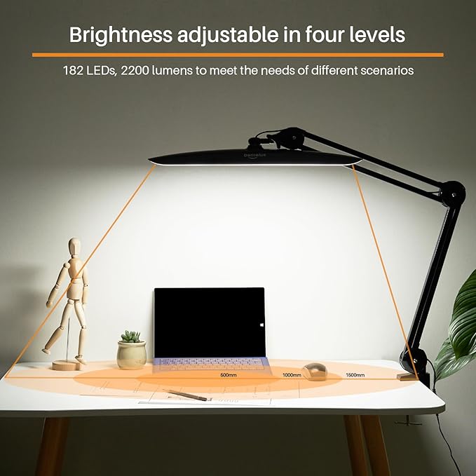 20 Inch LED Desk Lamp with Clamp, 20W 2200 Lumens, 4 Bightness Levels 3 Color Temperatures, Eye-Caring Working Reading Lamp(White, CCT)