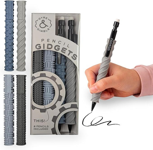 Gyre & Gimble Pencil Gidgets – Textured Silicone Pencil Sleeve for Quiet Fidgeting – Transform Your Mechanical Pencil into a Sensory ADHD Tool for Kids and Adults – 4 Sleeves & 2 Pencils - Gray