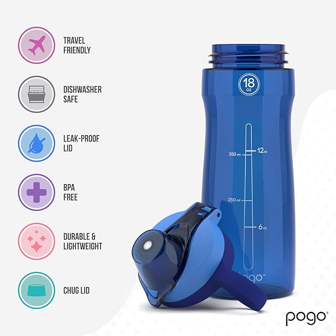 Pogo BPA-Free Tritan Plastic Water Bottle with Chug Lid, 18 Oz, Blue