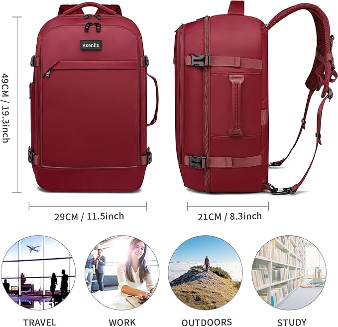 Asenlin Travel Backpack for Women Men,Flight Approved Carry On Luggage 40L Water Resistant Business Laptop Backpacks Fits TSA 17.3 Inch Computer College Weekender Outdoor Hiking-Red
