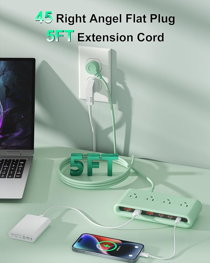 Power Strip with USB C 35W,10-in-1 Flat Plug Wall Charger - 5FT Extension Cord with 4AC, 3 USB A & 3 USB C - PD20W Charging Station for Multiple Devices - Travel Home Office (Green)
