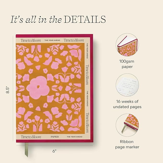 Papier Time to Bloom Daily Planner - Hardcover Vintage Design | Undated 16-Week Goal Planner | Track Habits, Thoughts, To-Dos & Priorities | Beautiful Motivational Gift
