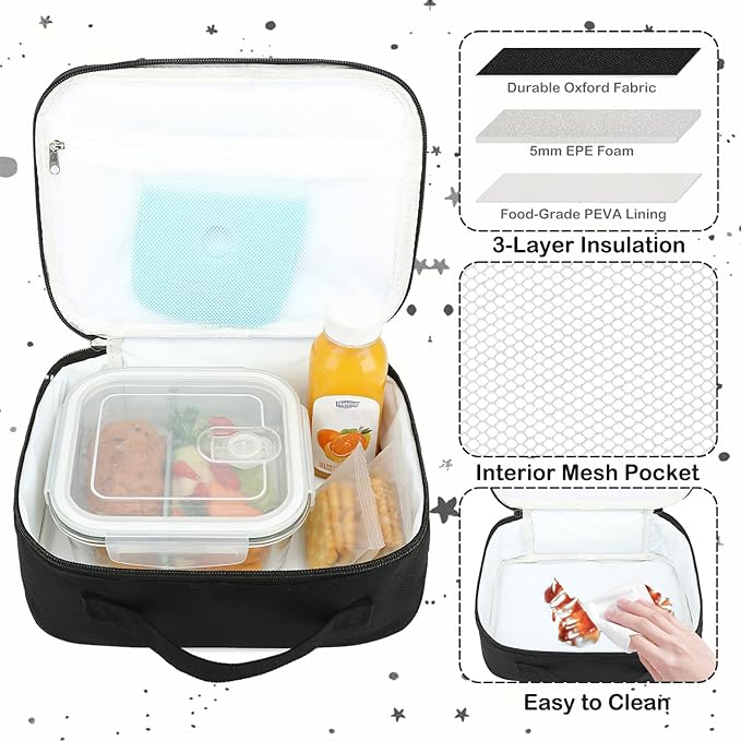 FlowFly Kids Lunch box Insulated Soft Bag Mini Cooler Back to School Thermal Meal Tote Kit for Girls, Boys, Black Free USA Flag Patch Included