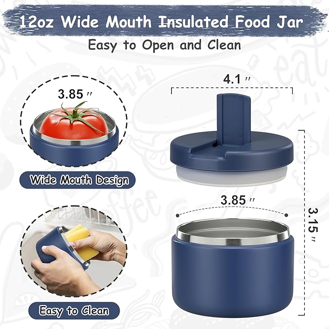 Pawtong 12oz Insulated Vacuum Food Jar with Buckle Lid Wide Mouth Soup Thermo for Hot Food Kids Leakproof Stainless Steel Lunch Container- Blue 1 Pack