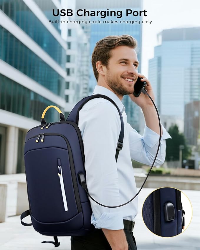 Slim Laptop Backpack for Men, 17.3 Inch Expandable Business Travel Backpack with USB Charging Port, Lightweight Work Computer Bag, Blue