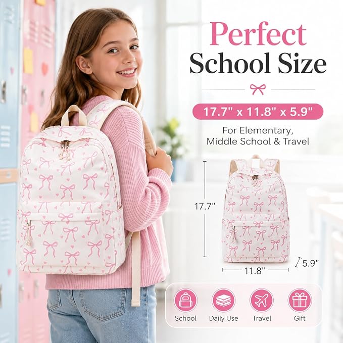 LOIDOU Backpack for Teen Girls Bookbags School Backpack with Lunch Box 2 in 1 School Bags Set (Bow Tie Beige)