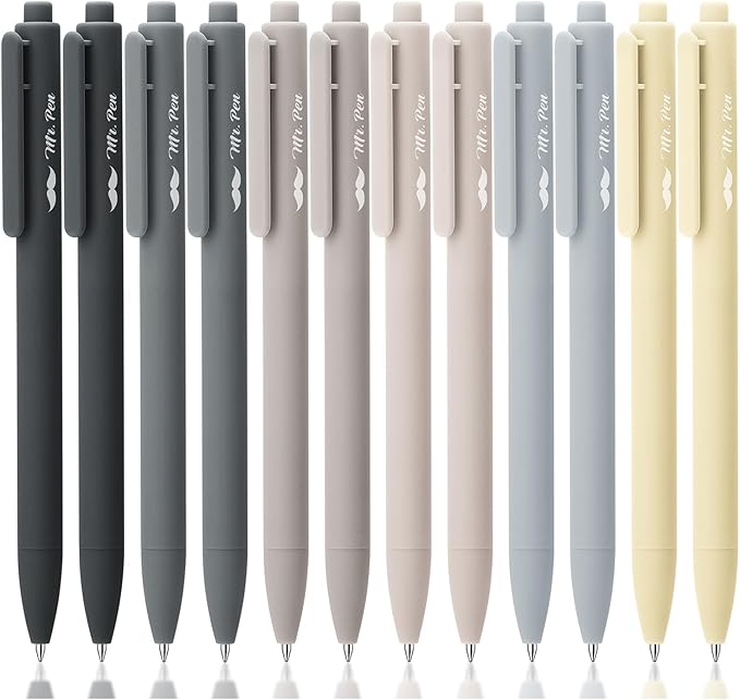 Mr. Pen- Retractable Gel Pens, 12 Pack, Black Ink, Monochrome Elegance Barrel, Fine Point 0.5mm, Fast Dry, Smooth Writing, Cute Pens for Drawing, Writing Planner and School Supplies
