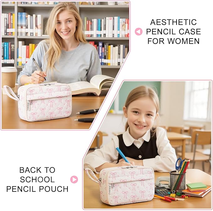 WOBAGMEN Quilted Pencil Pouch for Girls Women, Large Pencil Case Pouch with Compartments Cute Aesthetic Pencil Case Organizer, Floral Pencil Bag for School Supplies (Pink Bow)