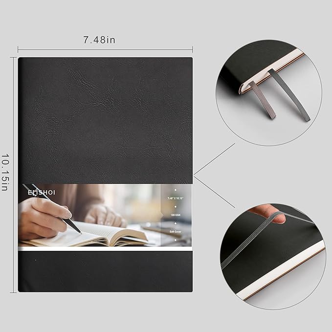 EMSHOI Dotted Journal Notebook, B5 Large Softcover Leather Journal, 192 Numbered Pages 100gsm Thick Dot Grid Notebook for Bullet Journaling Drawing Work School, 7.48"x10.15"-Black