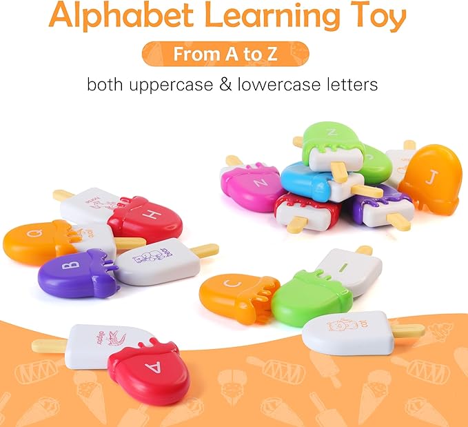 USATDD ABC Alphabet Learning Toys Alphabet Popsicles Animal Matching Toy Uppercase Lowercase Preschool Learning Activities Montessori Toys Gifts for Kids Toddlers, 52 Pcs