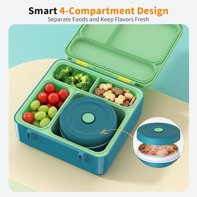 Bento Box for Kids, Lunch Box with Sticker for School | DIY Sticker Fun, Quick Lunch Packing, 4-Compartment Design, Insulated Food Jar, BPA-Free, Leak-Proof