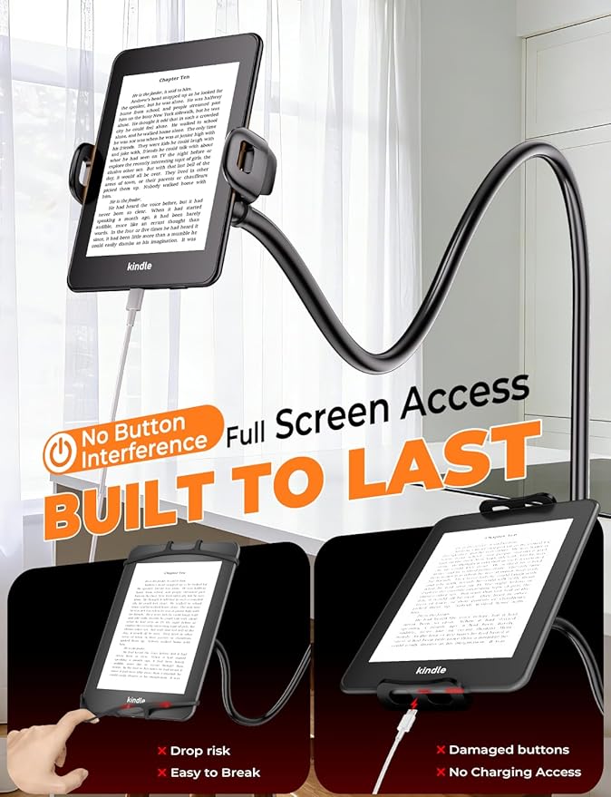 Gooseneck Kindle & Phone Holder for Bed: Flexible Long Arm Clamp Mount for Hands-Free Reading, Bedside Desk Headboard Stand, Compatible with iPhone 17 Pro Max Kindle Kobo & 4.7–8.6 Inch Devices