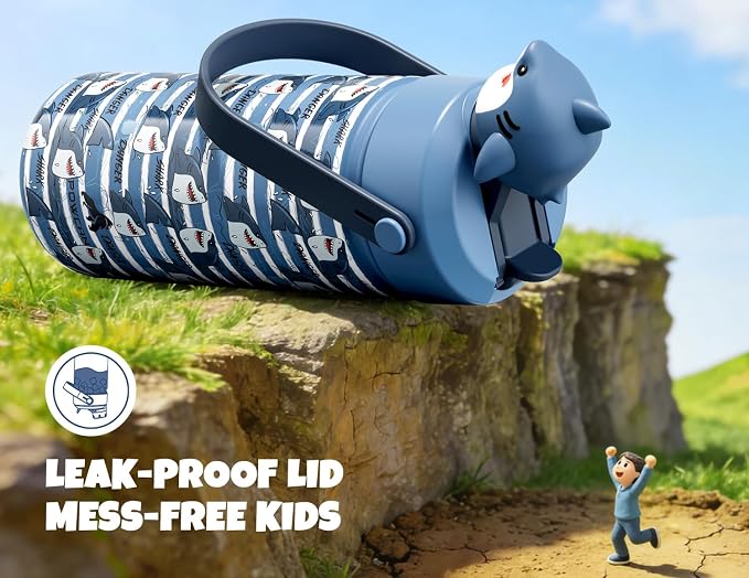 POWCAN 18 oz Insulated Water Bottle for School: 2-in-1 Straw Spout Lid with Soft Animal Head, Leakproof, BPA-Free, Keep Cold 24H, Easy Carry, Stainless Steel Cup for Kids, Boys, Girls (Baby Shark)