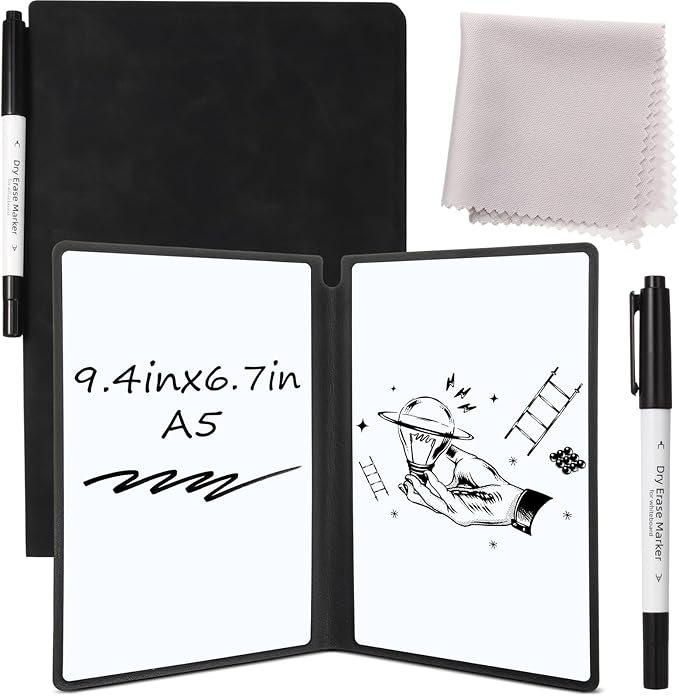 Marspark Portable White Board Dry Erase Board 9.4" x 6.7" Small Reusable Folding Double Sided Notebook Memo with Pen Cleaning Cloth Black Desk Accessories for Office School Study Meeting Planning