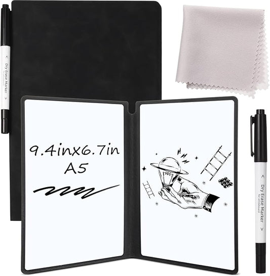 Marspark Portable White Board Dry Erase Board 9.4" x 6.7" Small Reusable Folding Double Sided Notebook Memo with Pen Cleaning Cloth Black Desk Accessories for Office School Study Meeting Planning