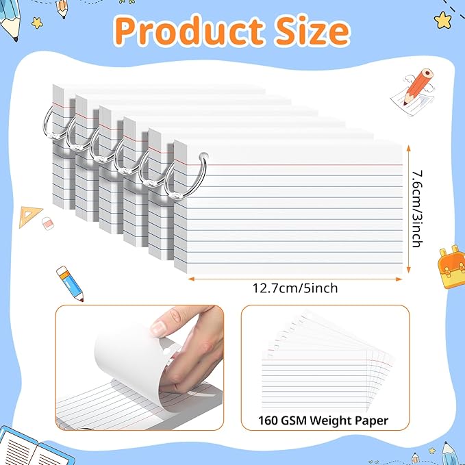 Index Cards 3x5 Inches, 600 PCS, White Flash Cards With Ring, Punched Lined Study Card Ruled Flashcards Notecards, Ruled Front And Blank Back, Note Card for School, College And Home