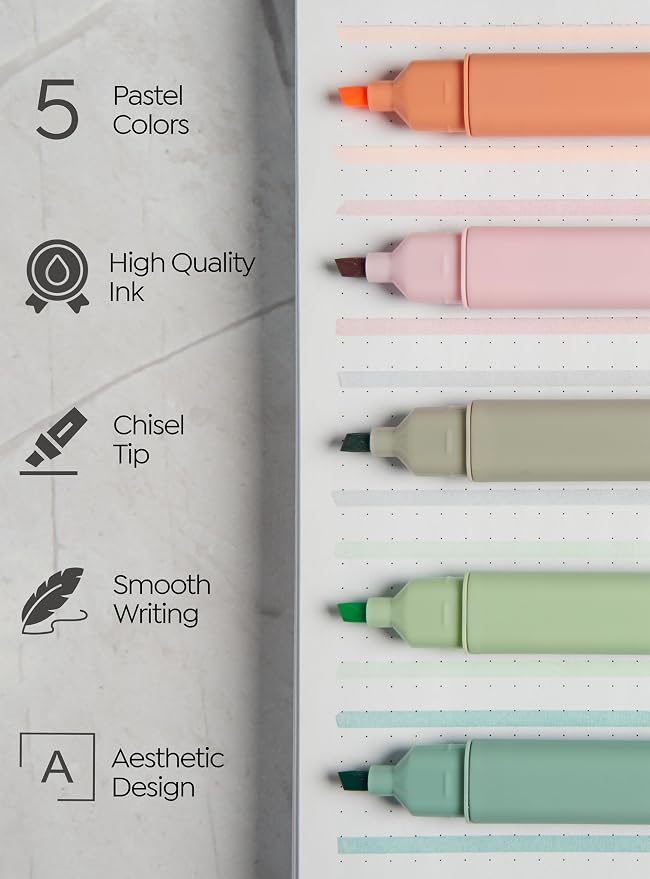 BLIEVE Bible Highlighters No Bleed Through, Chisel Tip, 5 Pack | No Smear, Quick-Dry, Aesthetic Cute Pastel Colors For Bible & Journaling (Pastel Edition)