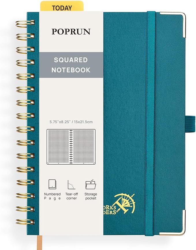 POPRUN Graph Spiral Journal Notebook - A5, 141 Pages Grid Notebooks for Women Men, 120 GSM Hardcover Graphing Journals for Work, School, Engineering & Graphing, 5.75'' x 8.25'', Pacific Green