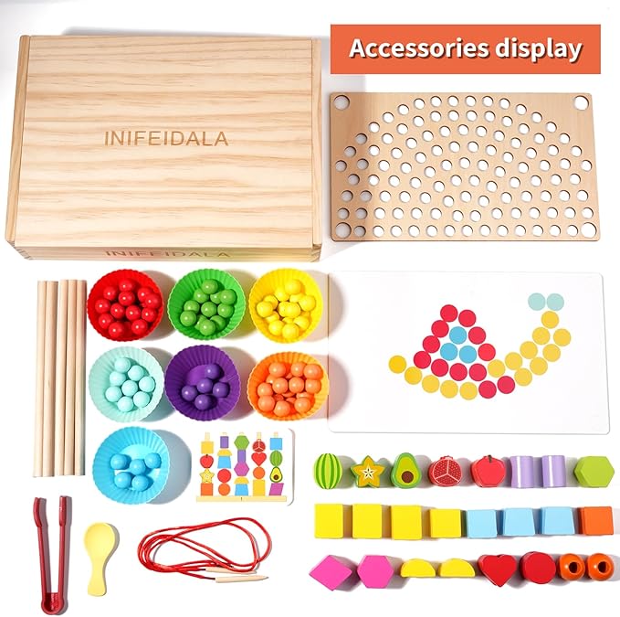 INIFEIDALA Montessori Toys for 3 4 5 Year Old,Stacking Blocks,Lacing Beads & Shape Stacker,Wooden Beads Sequencing Toy Set,Fine Motor Skills & STEM Preschool Learning Gifts for Toddlers Boys & Girls