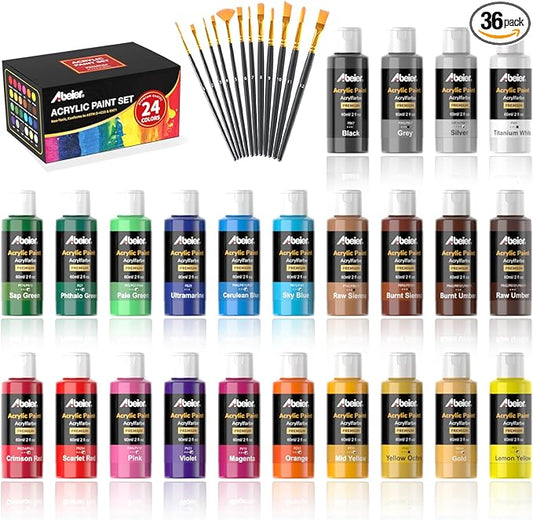 ABEIER Acrylic Paint Set, 24 Colors (60ml/2oz) with 12Paint Brushes, Non-Toxic, Waterproof, Strong Coverage for Kids Adults Beginners Students, Painting on Canvas Stone Wood Fabric Rocks Ceramic
