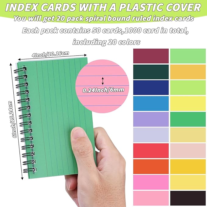 1000 PCS Colorful Spiral Index Cards 4x6 Inch Flash Cards with Ring Lined Note Card Book Flashcards, Colored Ruled Card Pad Index Note Books 4 x 6 Notecards for Studying School Supply College Office