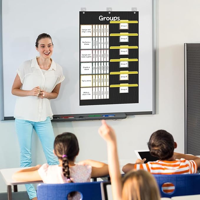 Small Group Management Pocket Chart for School, Class Jobs Chart with 48 Pockets & 84 Cards, Small Group Organizer for Classroom, Teacher Supplies (Black)