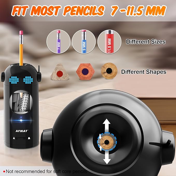 AFMAT Electric Pencil Sharpener, Fully Automatic Colored Pencil Sharpener for 7-11.5mm Pencils, Auto in & Out, Robot Pencil Sharpeners for Kids, Rechargeable Hands-Free with Dotted Eyes, PSX5ET, Black
