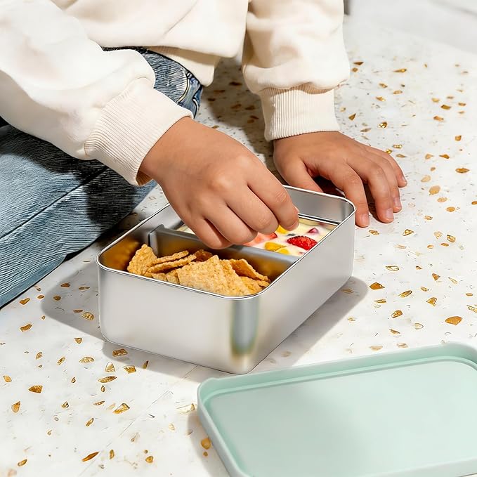 Stainless Steel Bento Box, 33oz Leak-proof Metal Lunch Box Container with Silicone Lid, Microwave-Safe, with Divider, Lunch Food Meal Prep Snack Container for School Work