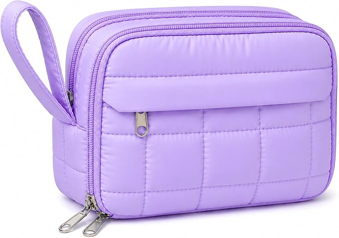 Puffer Quilted Pencil Pouch for Women, Large Capacity Organizer Bag with Multiple Compartments, Cute Aesthetic Pencil Case for Office, Travel & Daily Essentials (purple)