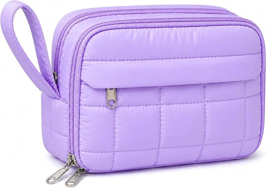 Puffer Quilted Pencil Pouch for Women, Large Capacity Organizer Bag with Multiple Compartments, Cute Aesthetic Pencil Case for Office, Travel & Daily Essentials (purple)