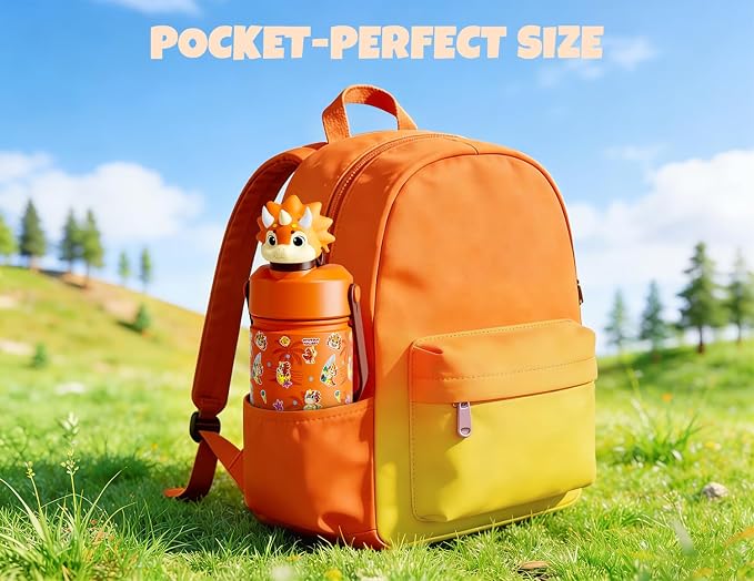 POWCAN 18 oz Kids Water Bottle Insulated: 2-in-1 Straw Spout Lid with Soft Animal Head, BPA-Free, Leakproof, Keep Cold 24H, Backpack Friendly, Stainless Steel Cup for School, Trip, Gift (Sunny Trike)