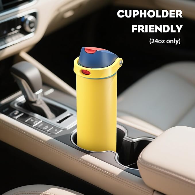 POWCAN 24 oz Stainless Steel Water Bottle: 2-in-1 Push-Button Spout & Quick-Flip Straw, Leakproof, Cold 24Hrs, Fits Car Cup Holder, Insulated Sports Water Bottle for Women, Girls (Red Apple Charm)