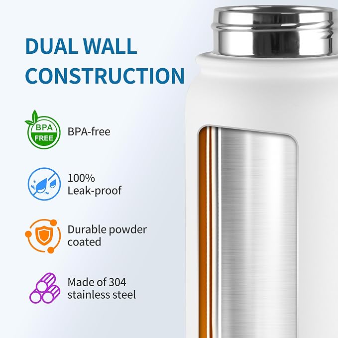 GOPPUS Insulated Water Bottle 20oz Stainless Steel BPA-Free Sports Bottle Ideal for School and Travel Silicone Spout Lid Prevents Leaks, Sweat, and Dust (White)