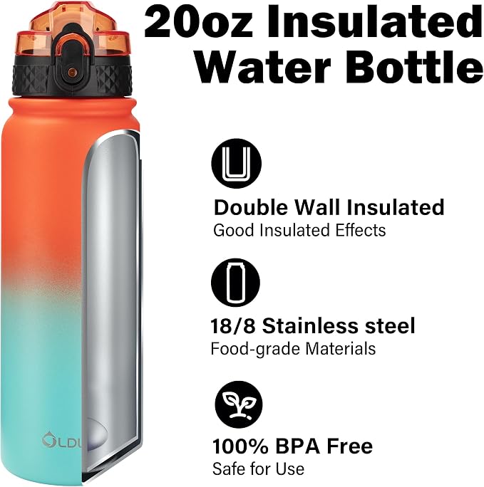 Oldley Insulated Water Bottle 20oz Water Bottles with Straw, Stainless Steel Water Bottle with 3 Lids, Double Wall Vacuum Bottels for Adults School Kids,Leak-Proof Sport Bottles, Ombre Orange-green
