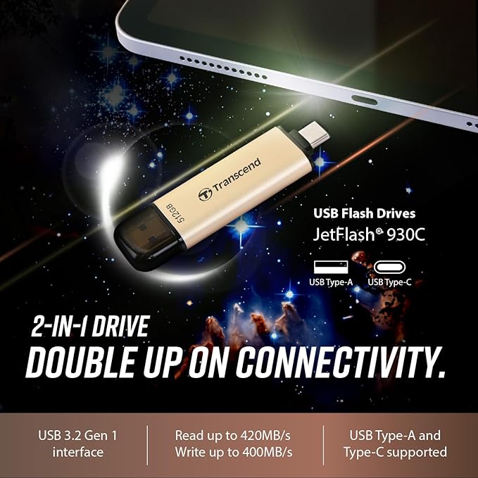 Transcend JF930 128GB Dual USB C Flash Drive for iPhone/iPad/Mac/Windows, Android/Tablet/PC/Gaming Console, Photo Stick Up to 420MB/s, USB 3.2 Thumb Drive, Memory Stick with 2-in-1 Type C &Type A