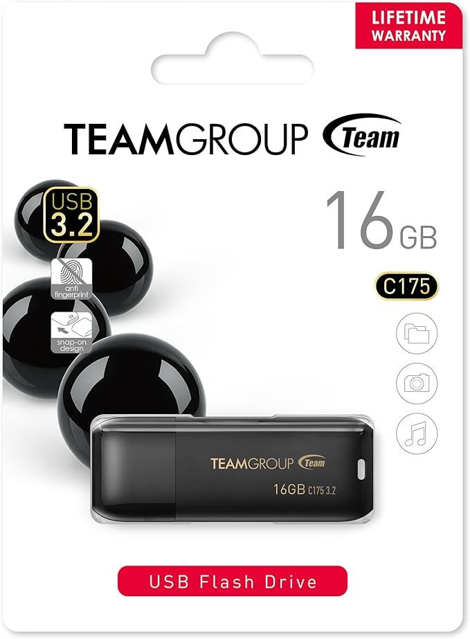 TEAMGROUP C175 16GB USB 3.2 Gen 1 (USB 3.1/3.0) Read 75MB/s Flash Thumb Drive, External Data Storage Memory Stick Compatible with Computer/Laptop Matte Black TC175316GB01