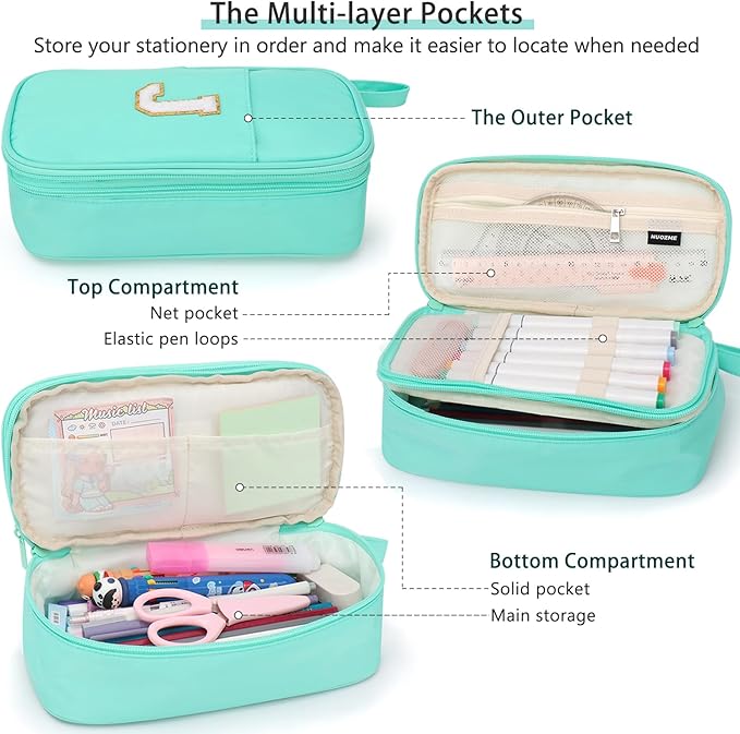 Large Pencil Case,Big Capacity Pencil Pouch,Personalized Initial Pencil Bag with smooth zipper,Multiple Pockets,Cute Aesthetic Stationery Pen Case Bag for Teen Girls College (Blue, K)