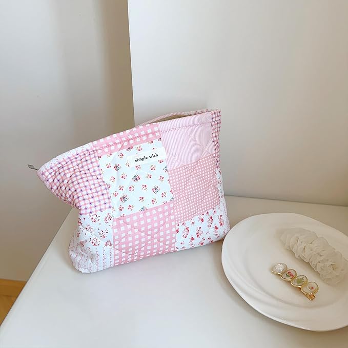 Sminra 2 Pieces Floral Makeup Bag, Cute Travel Quilted Cotton Small Cosmetic Bag Organizer, Coquette Aesthetic Preppy Pouch Purse Toiletry Bag for Women Girls accessories
