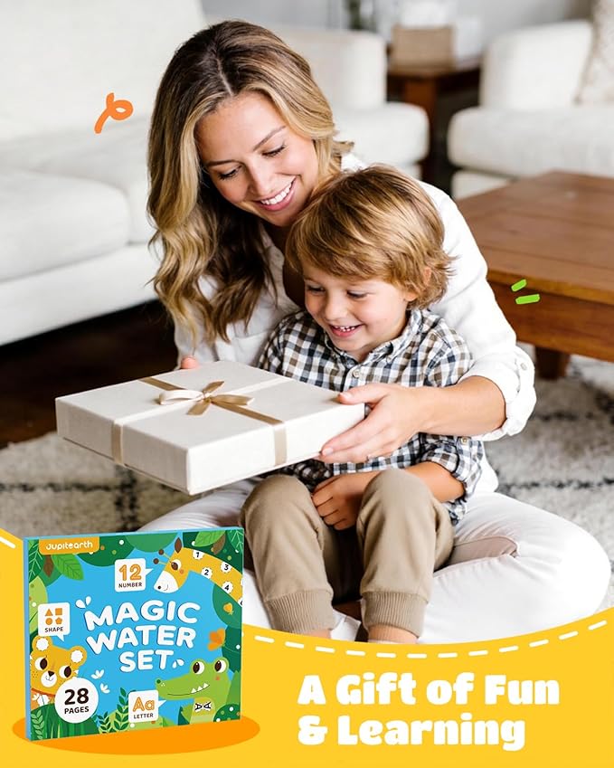 JUPITEARTH Mess Free Coloring Book, Reusable Water Painting Book with 2 Refillable Water Pens 28 Pages, Travel Airplane Road Trip Activity for Toddlers