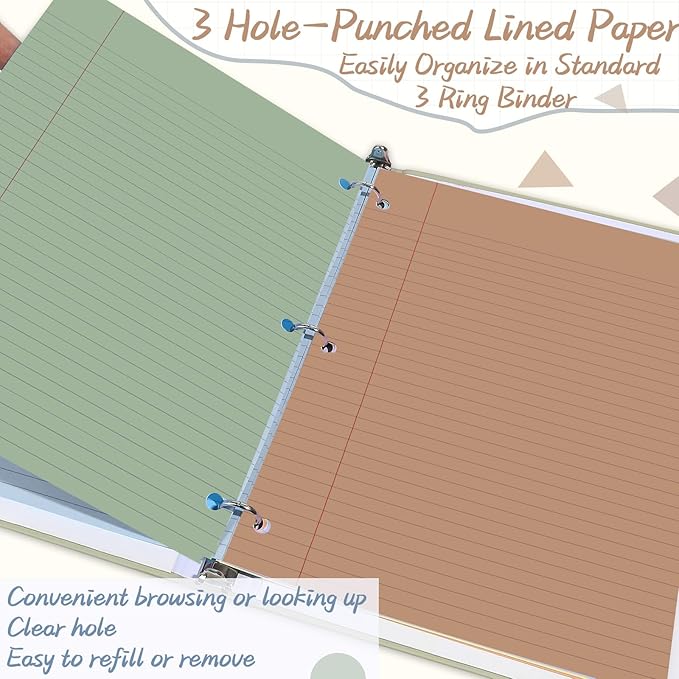gisgfim 100 Sheets Loose Leaf Binder Paper, 8" x 10.5" Colored College Ruled Paper, 3 Hole Punched Lined Refill Inserts Thicken for 3-Ring Binders Notebooks Planner Writing School Office (Boho)