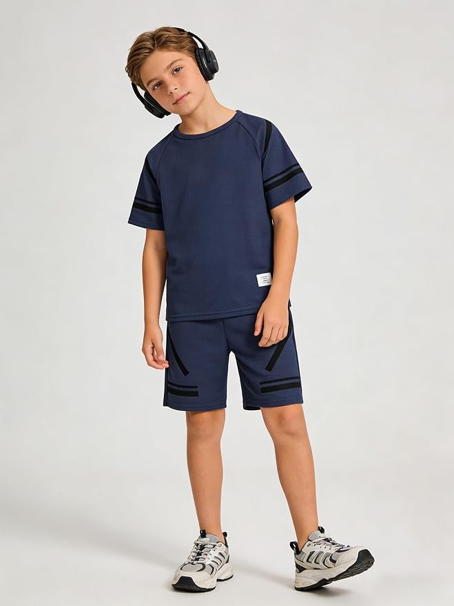 Cakaner Tween Boys Clothes Summer Simple Print T-Shirt And Shorts Set 2 Pieces Teen Trendy Outfits Size 7-14 Year
