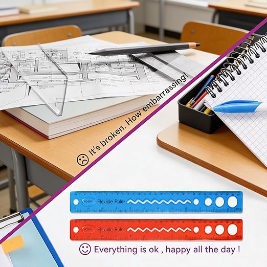 2-Pack Flexible Ruler 12 Inch, Clear Ruler Small Rulers with Centimeters & Inches, Bendable Shatterproof Plastic Rulers for Home Office Supplies (Red & Blue)