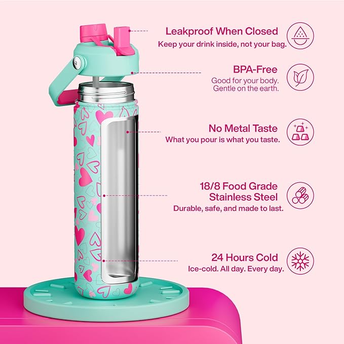 ENCOOL Insulated Water Bottle with Straw Stainless Steel Water Bottle, Leak-Proof, BPA-Free, Keeps Cold for 24 Hours for Sports, Travel, School (26 oz, Sweet Hearts Pink x Mint)
