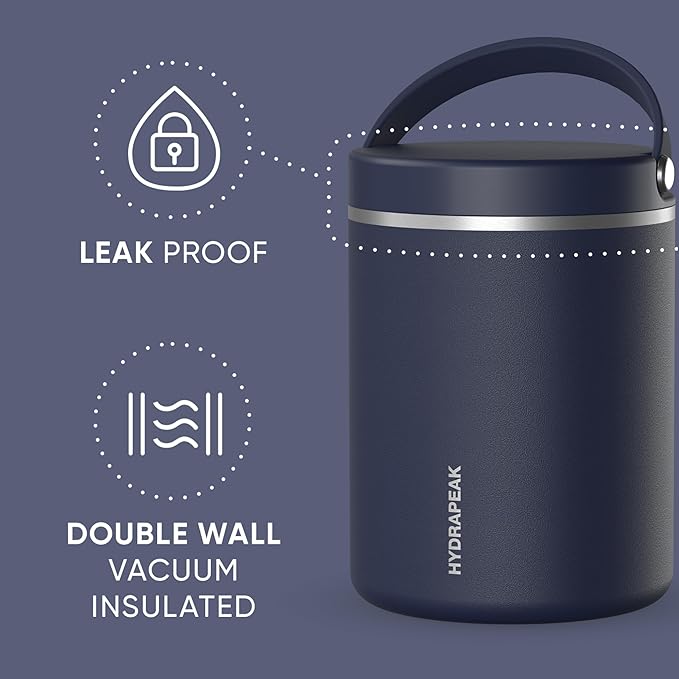 Hydrapeak 32oz Stainless Steel Vacuum Insulated Food Jar for Hot Food and Cold Food, Wide Mouth Leak-Proof Soup Jar for Adults, 10 Hours Hot and 16 Hrs Cold (Navy) (Pack of 3)