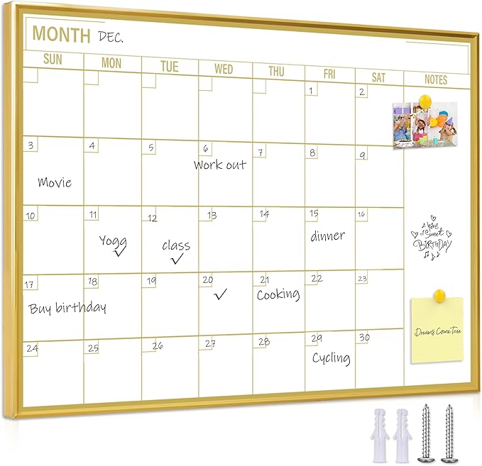 Golden Monthly Dry Erase Calendar Whiteboard for wall-16"X12" Portable Aluminum Frame,Magnetic Calendar White Board,Wall Planner Dry Erase Board for Office, Kitchen, School, Home-GG