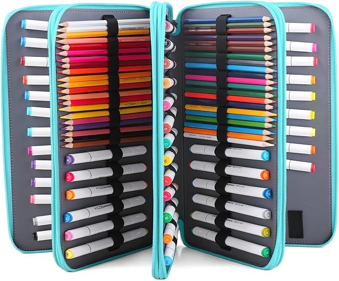 Vomgomfom 300 Slots Marker Bag, 4-Layer Zipper Portable Art Supply Organizer, PU Leather Large Capacity Marker Case Holds 100 Markers or 300 Colored Pencils with Handle (Green)
